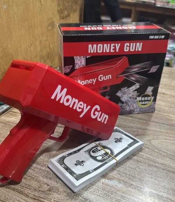 Easy-to-operate Money Gun Toy with trigger and fake money stack.