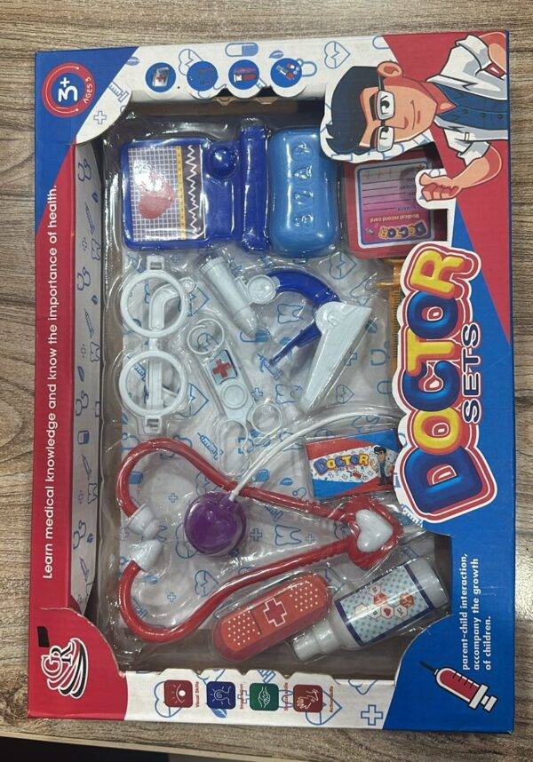 Kids Doctor Play Kit with stethoscope, glasses, syringe, and thermometer.