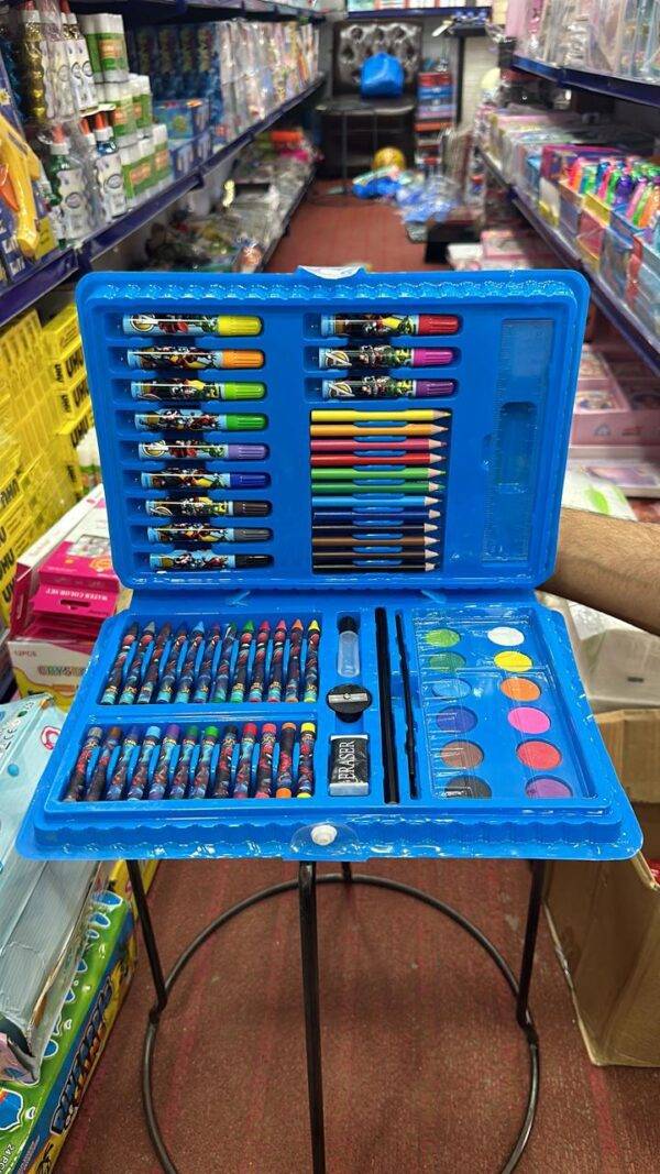 Art set with crayons, markers, colored pencils, watercolor paints, and brush.