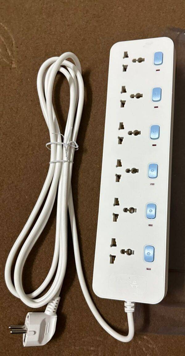 6-Way Power Extension with Push-Button Switch, offering multiple sockets for efficient power management.