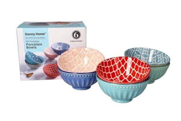 Elegant Porcelain Bowl Set of 6 with unique designs and vibrant colors.