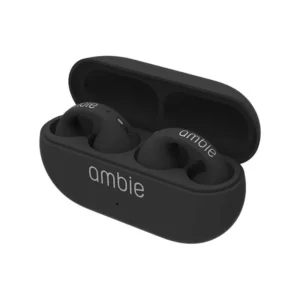 Eco-friendly, minimalist cardboard packaging with ambie logo and “sound earcuffs” label.