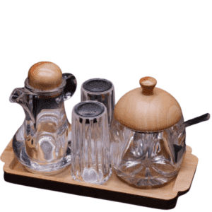 Premium Crystal Condiment Set with Wooden Tray