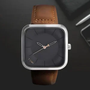 TOMI Square Dial Leather Watch with black face and tan leather strap in branded box.