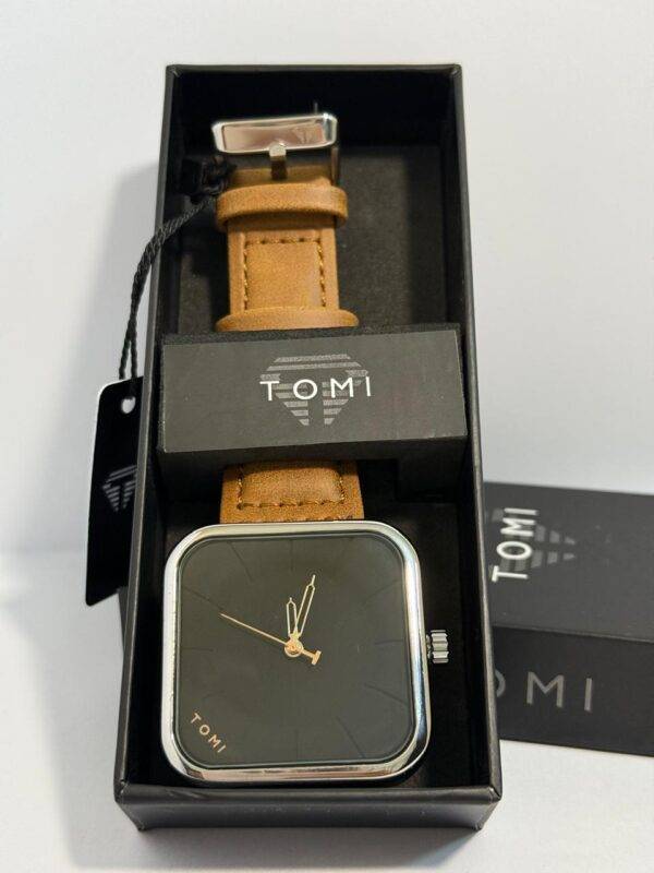 TOMI Square Dial Watch in elegant black box, ideal for gifting.