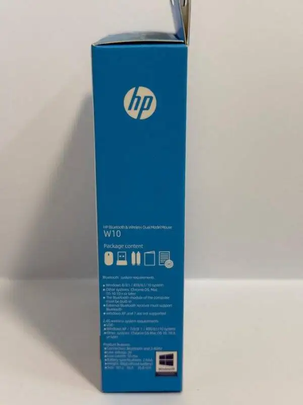 Side view of HP W10 Mouse box showing Bluetooth and wireless features.