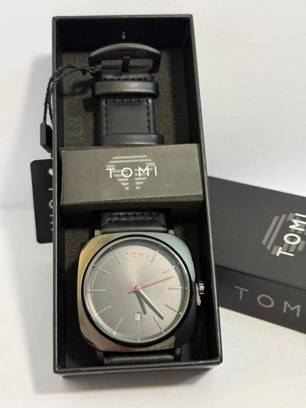 TOMI Black Leather Watch with gray dial and red second hand in branded box.