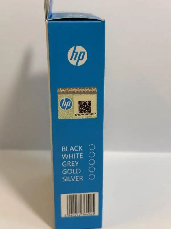 HP W10 Mouse package displaying color options and HP logo.