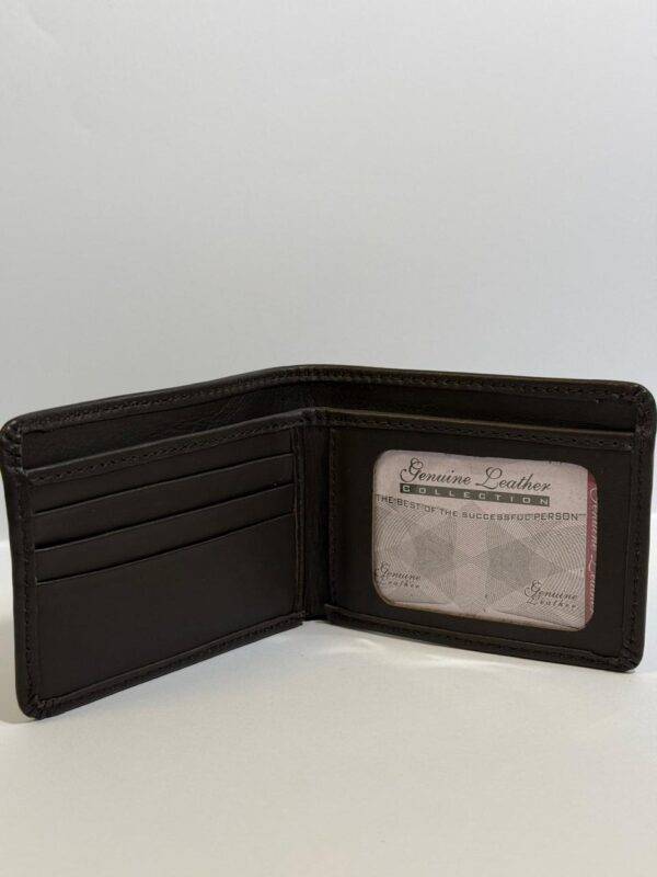 Side view of leather wallet showcasing its compact and slim design.