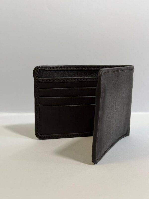 Opened leather wallet showing multiple card slots and a clear ID window.