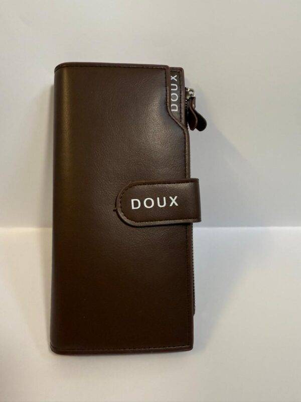 DOUX Leather Wallet showcasing multiple card slots and zippered compartment.