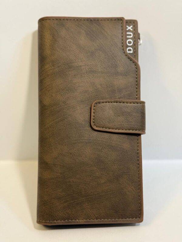 DOUX Premium Leather Wallet with zippered compartment open.