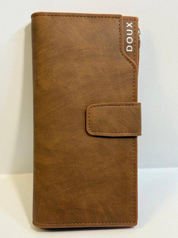 Slim profile of DOUX Leather Wallet on a flat surface.