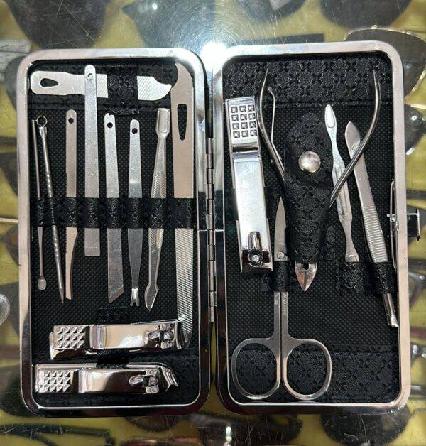 Close-up of grooming tools in a compact black leather case.