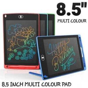 Front view of 8.5" LCD Writing Tablet packaging with key features listed.