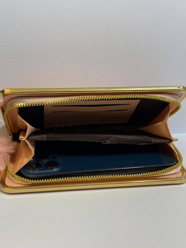 Open view of the wallet with card slots, coin pocket, and smartphone compartment.