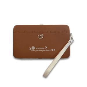 Leather clutch wallet with detachable strap for versatile use.