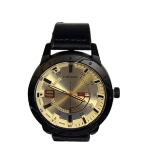 DIESEL Black Chronograph Watch with black stainless-steel case and leather strap.